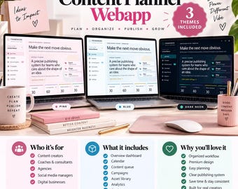 Content Planner Webapp, Social Media Content Calendar, Editorial Planner, Campaign Tracker, Content Queue, Analytics Dashboard, 3 Themes