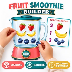 May include: A Fruit Smoothie Builder activity set featuring a blender illustration with a pink base and teal lid. It includes fruit stickers like strawberries, bananas, and blueberries, a recipe card, and labels for counting, matching, and following directions.