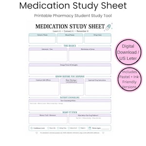 Puede incluir: Una hoja de estudio de medicamentos blanca con texto negro y bordes pastel. Las secciones incluyen nombre genérico, nombre de marca, clase de fármaco, conceptos básicos, consejos de dispensación, asesoramiento y nivel de confianza.