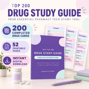 May include: A purple study guide titled Top 200 Drug Study Guide with completed reference cards, 52 printable pages, and instant digital download text. Includes a white pill bottle, white pills, a purple pen, and two stacked notebooks.