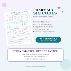 May include: A white pharmacy sig codes quick reference sheet with teal and black text. The document includes sections for frequency, timing, routes of administration, dosage forms, and directions. It measures 8.5 by 11 inches and is printable.