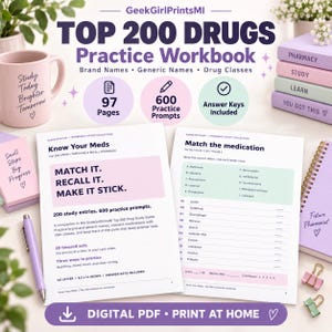 Può includere: Un quaderno di esercizi Top 200 Drugs con 97 pagine e 600 quesiti di pratica. Il libro include esercizi di abbinamento e richiamo per nomi commerciali, nomi generici e classi di farmaci. Si tratta di un file PDF digitale stampabile.