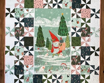 Gnome Christmas Handmade Quilt Unique Gift for Her, Mom, Wife, Sister; Snowflakes, Foxes, Bunnies, Mushrooms "Woodland Christmas"