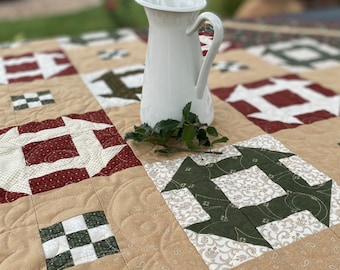 Heirloom Vintage Style Handmade Quilt, Churn-Dash & 9-Patch Blocks, Throw Size, Hostess Christmas Gift