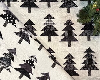 Silent Night Handmade Quilt Snow Winter Wonderland Pines in Black and White Christmas Gift for Her or Him Hostess Gift