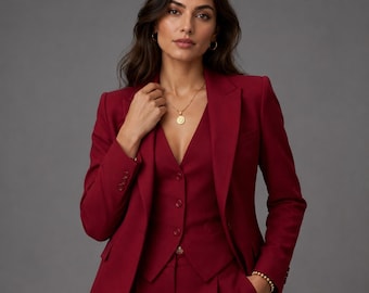 Könnte beinhalten: Ein tiefroter Blazer über einer passenden, zugeknöpften Weste. Der Blazer hat ein steigendes Revers und drei Knöpfe an jedem Ärmelabschluss. Die Weste hat einen V-Ausschnitt und wird mit vier Knöpfen geschlossen. Dazu werden eine Goldkette und ein Armband getragen.