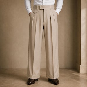 May include: Beige trousers featuring a high-waisted design with double pleats at the front, a wide-leg silhouette, and cuffed hems. The trousers include a small coin pocket detail near the waistband and are paired with a white long-sleeved shirt.