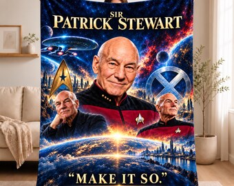 Manta en homenaje a Patrick Stewart, manta de franela "Make It So", estampado de espacio y galaxia con retrato del capitán, regalos para fans de la ciencia ficción, decoración retro para sofá cama.