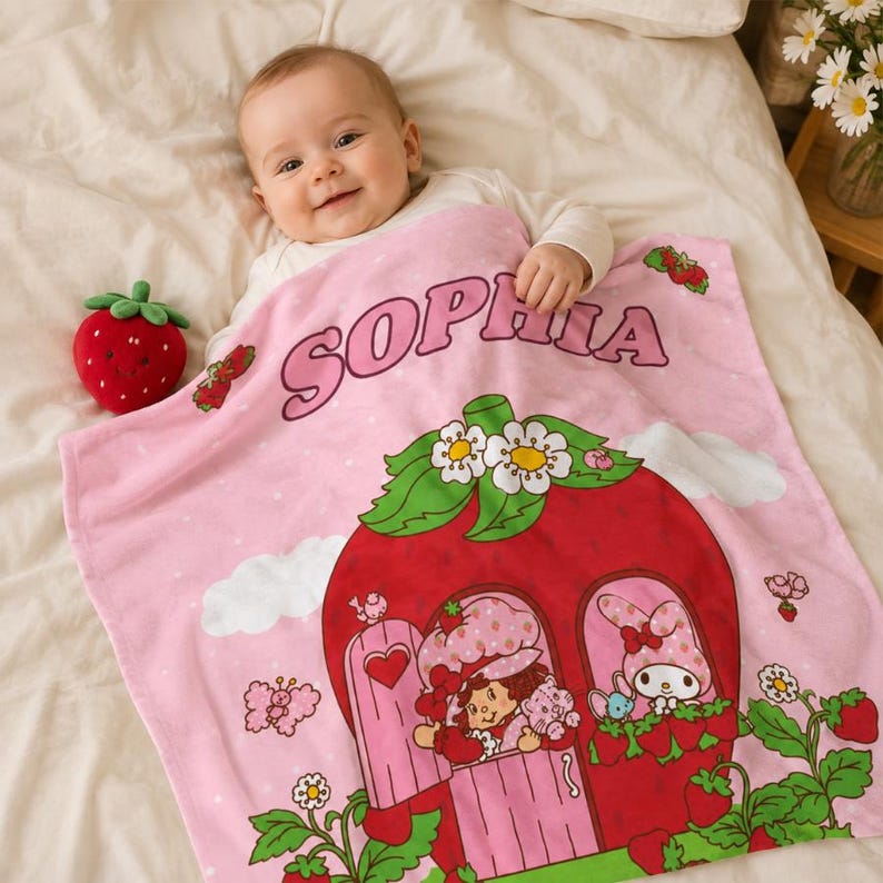 Puede incluir: Una manta de beb&eacute; de color rosa suave con el nombre SOPHIA en letras moradas, un gr&aacute;fico grande de una casa de fresa roja con personajes de Strawberry Shortcake y My Melody, flores blancas, nubes y un peque&ntilde;o juguete de peluche de fresa.