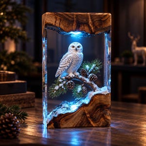 Snowy Owl Pine Branch Resin Night Light, Handmade Epoxy Wood Sculpture, Rustic Woodland Decor, Unique Gift for Him