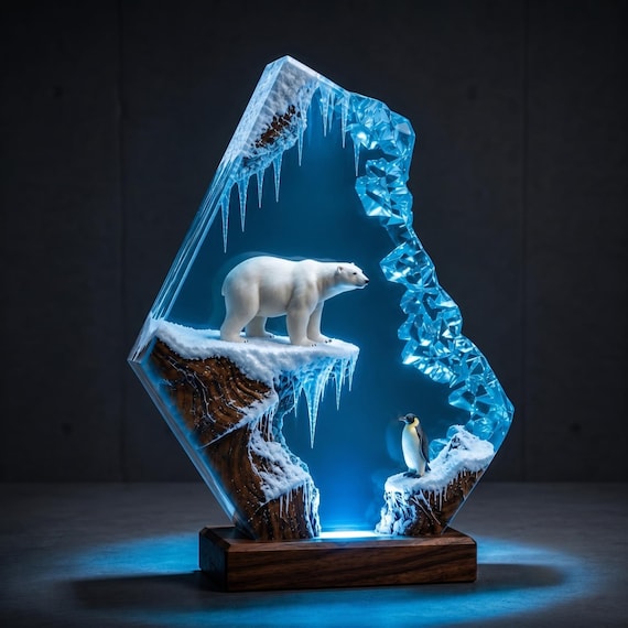 A handcrafted resin-and-wood diorama lamp trapping polar bears and penguins in a glowing Arctic scene — functional night light meets miniature frozen world.