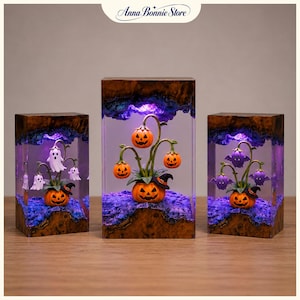 Halloween Pumpkin Pot Resin Lamp, Ghost & Bat Flower Night Light, Jack O Lantern Decor, Spooky Fall Gift, Halloween Desk Decor