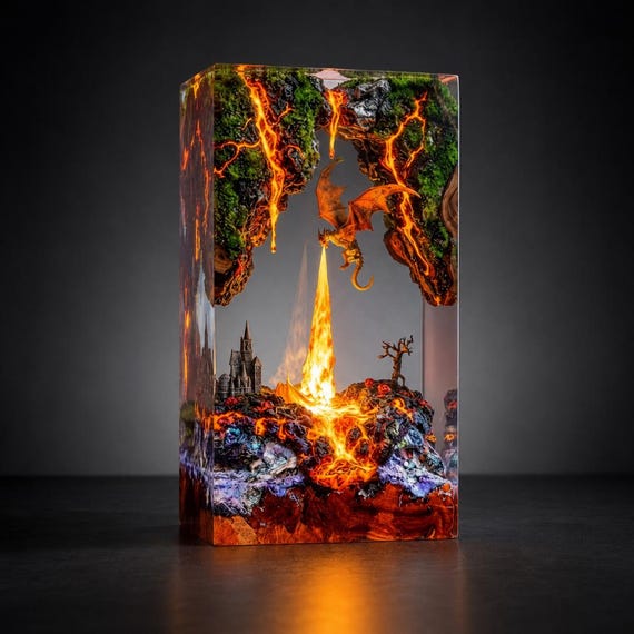 A hand-poured resin diorama of a fire dragon erupting from a volcanic castle — glowing amber lava light included — this is the kind of thing you stop mid-sentence to stare at.