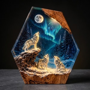 May include: A hexagonal decorative lamp featuring a resin-encased scene of three wolves on a rocky, snow-covered landscape. The background displays a dark blue night sky with a full moon and green aurora borealis above a forest of pine trees.