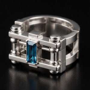 Könnte beinhalten: Ein silberfarbener Ring mit einem strukturellen, industriell inspirierten Design und einem zentralen, rechteckigen, im Baguetteschliff geschliffenen blauen Edelstein. Die Ringschiene ist breit und mehrschichtig mit zylindrischen Akzenten.