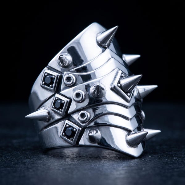 Sterling Silver Spiked Armor Ring, Black Stone Gothic Biker Statement Jewelry