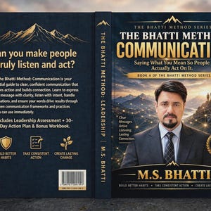 May include: A book titled The Bhatti Method: Communication, Book 4 of the series by M.S. Bhatti. The cover features a man in a suit, mountain imagery, and text detailing communication frameworks, a leadership assessment, and a bonus workbook.