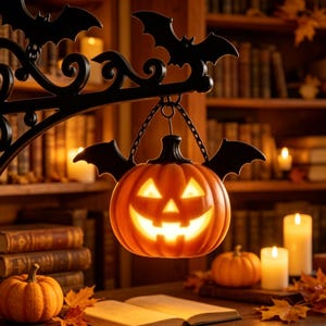 May include: A hanging orange jack-o'-lantern pumpkin lantern with black bat-shaped wings, suspended from a black metal scrollwork bracket featuring additional bat silhouettes, illuminated from within to create a warm glow.