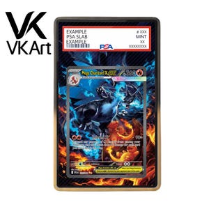May include: A collectible trading card encased in a clear PSA slab featuring the Mega Charizard X EX character with 360 HP. The card artwork displays a black dragon surrounded by blue and orange flames, with text including Inferno X and 90x.