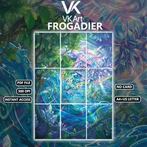 May include: A digital art print featuring the text VK VKArt FROGADIER, PDF FILE, 300 DPI, INSTANT ACCESS, NO CARD, and A4+US LETTER. The central image displays a blue and green frog-like creature in a vibrant, crystalline forest landscape.