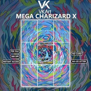 May include: A digital print file featuring a Mega Charizard X trading card graphic centered on a background of swirling blue, pink, and green flames. The text reads VK, VKArt, MEGA CHARIZARD X, PDF FILE, 300 DPI, INSTANT ACCESS, NO CARD, and A4+US LETTER.