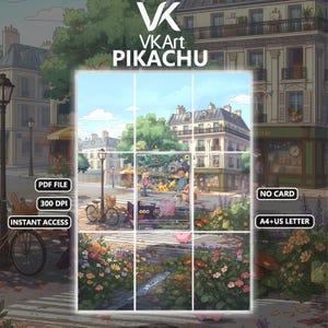 Puede incluir: Una ilustración digital de una escena de calle urbana con un gráfico central de tarjeta coleccionable con el texto VKArt PIKACHU. La imagen incluye etiquetas para PDF FILE, 300 DPI, INSTANT ACCESS, NO CARD y A4+US LETTER sobre un fondo de edificios.
