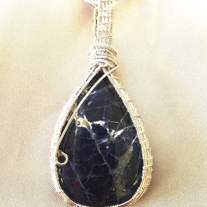 Teardrop Shaped Blue Lapis Lazuli Gemstone Cabochon Sterling Silver Wire Weave Handmade Setting