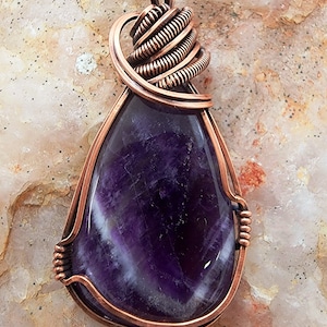 Copper Wire Wrapped Teardrop Shaped Purple Chevron Amethyst Gemstone Cabochon Pendant Necklace