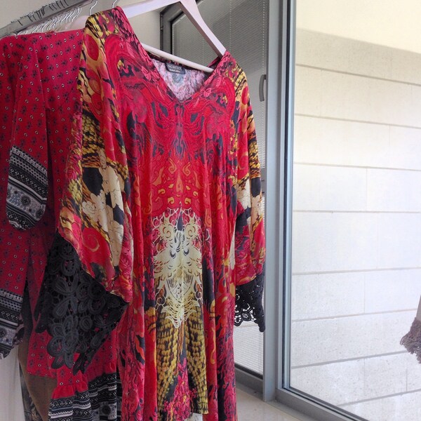 Women Caftan Dress, Silk Dress, Crochet, Tribal print, Hot Red, Black Color, Cream Color, mini Caftan Dress, Hot coture, Sale