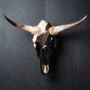 May include: A wall-mounted animal skull featuring long, curved horns wrapped in tan rope at the base. The upper portion displays brown and white fur, while the lower section is covered in faceted, reflective black crystals arranged in a pattern.
