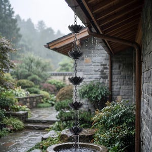 Puede incluir: Una cadena de lluvia de metal oscuro con una serie de copas en forma de loto interconectadas suspendidas verticalmente. El agua de lluvia fluye a través del centro de cada copa, creando un efecto de cascada al drenar hacia un cuenco de piedra.