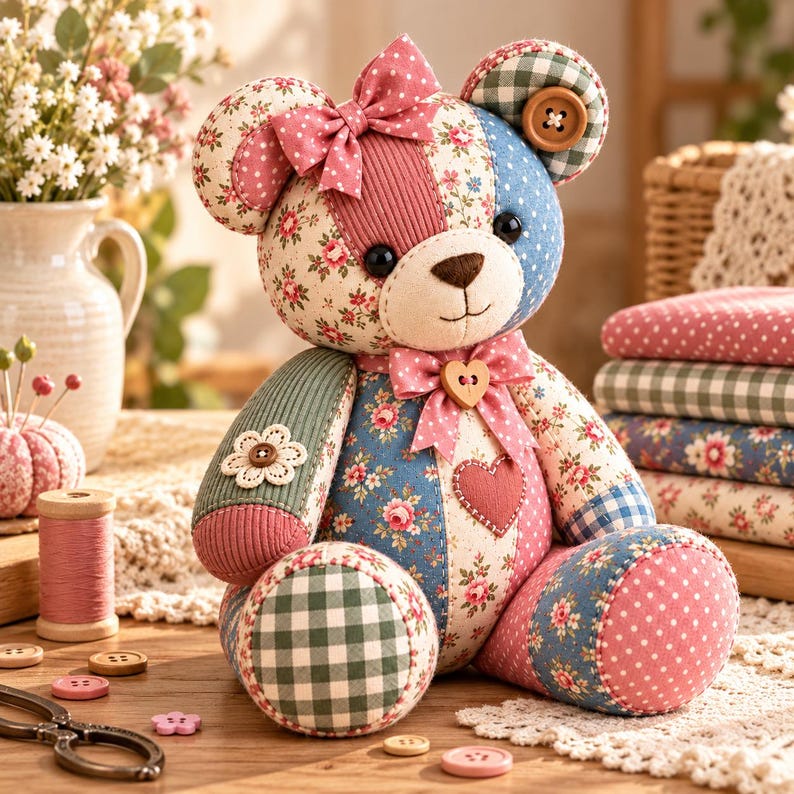 May include: A patchwork teddy bear crafted from various fabric patterns including pink polka dots, blue gingham, and floral prints. The bear features a pink bow on its head, a heart-shaped button on its chest, and a brown button for one ear.