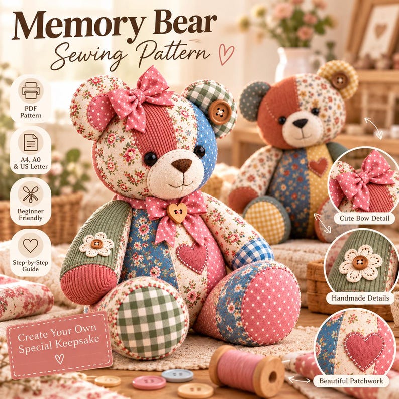 May include: A Memory Bear sewing pattern featuring a patchwork teddy bear made from various floral, gingham, and polka dot fabrics. The bear has a pink bow, a heart-shaped patch, and button accents. Text includes Memory Bear Sewing Pattern.