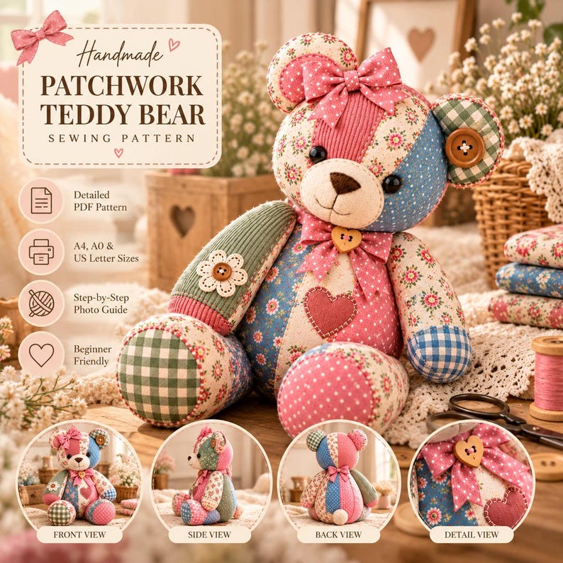 May include: A handmade patchwork teddy bear sewing pattern featuring a multi-coloured stuffed bear with floral, gingham, and polka dot fabric patches, a heart-shaped button, and a bow. Includes text: Handmade PATCHWORK TEDDY BEAR SEWING PATTERN.