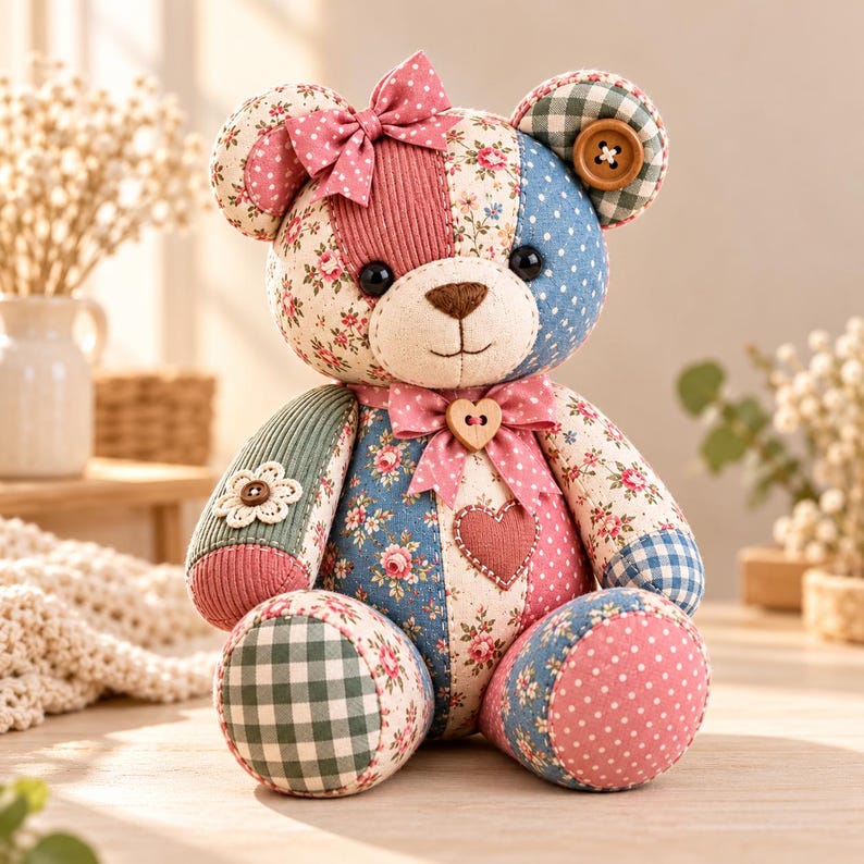 May include: A patchwork teddy bear crafted from various fabric patterns including floral, gingham, polka dot, and corduroy. The bear features a pink bow on its head, a heart-shaped wooden button on its chest, and a flower-shaped button on its arm.