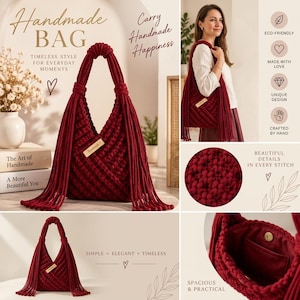 May include: A deep red handmade bag featuring a textured macrame-style weave, long fringe accents on the sides, and a wooden tag labelled "Handmade." The bag includes a single handle, a magnetic snap closure, and an interior pocket for storage.