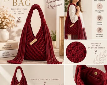 May include: A deep red handmade bag featuring a textured macrame-style weave, long fringe accents on the sides, and a wooden tag labelled "Handmade." The bag includes a single handle, a magnetic snap closure, and an interior pocket for storage.