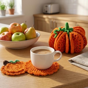 May include: A set of orange crochet pumpkin-shaped coasters, one of which supports a white ceramic mug filled with coffee. A larger, three-dimensional orange crochet pumpkin with a green stem sits nearby, alongside a bowl of fresh fruit.