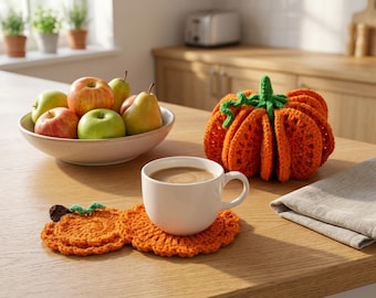 Pumpkin Coaster Set Crochet Pattern 8 Coasters Become One 3D Pumpkin, Fall Table Decor, Handmade Cotton Coasters, Autumn Home Gift