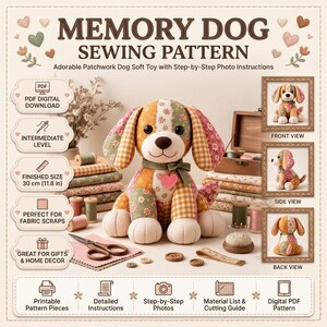 Patrón de costura en PDF para perro conmemorativo, peluche para mascotas, recuerdo de ropa para cachorros, retazos de tela, regalo de condolencias, descarga digital.