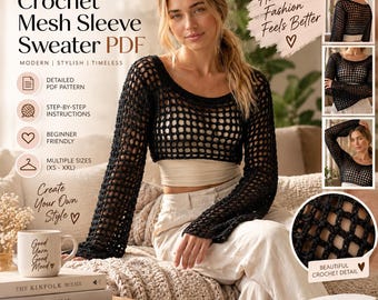 Crochet Mesh Sleeve Sweater PDF Pattern Boho Bell Sleeve Shrug Crochet Top Pattern Beginner Friendly Festival Cover Up Mesh Bolero Pattern