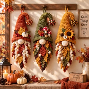 Puede incluir: Tres decoraciones colgantes de gnomos de ganchillo en naranja, verde y amarillo. Cada gnomo presenta un sombrero puntiagudo adornado con elementos otoñales como calabazas, setas y girasoles, y una larga barba hecha de hojas de ganchillo texturizadas.