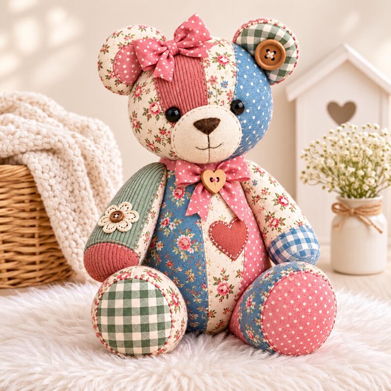 May include: A patchwork teddy bear crafted from various fabrics including floral, polka dot, and gingham patterns in shades of pink, blue, and green. It features a bow on its head, a heart-shaped button at the neck, and a heart patch on its chest.