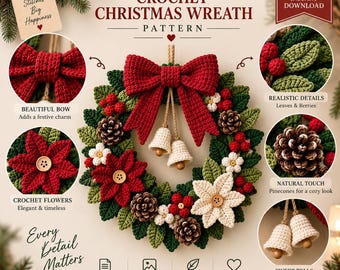 Crochet Christmas Wreath Pattern PDF Christmas Door Wreath Crochet Pattern Poinsettia Holiday Wreath Christmas Crochet Decor
