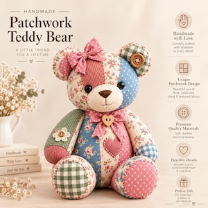 Memory Bear Sewing Pattern PDF, Patchwork Teddy, Keepsake Plush Stuffed Animal, Beginner Friendly, 14-16 Inch, A4 & US Letter, Printable Toy