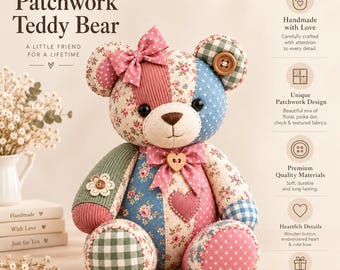 Memory Bear Sewing Pattern PDF, Patchwork Teddy, Keepsake Plush Stuffed Animal, Beginner Friendly, 14-16 Inch, A4 & US Letter, Printable Toy