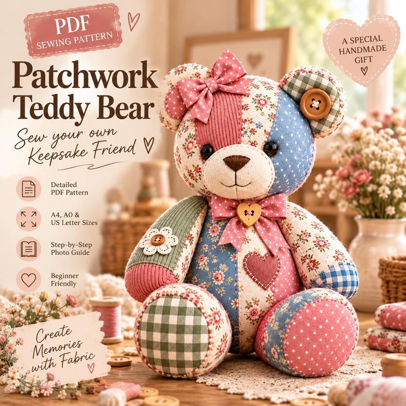 May include: A patchwork teddy bear made of various floral, gingham, and polka dot fabrics in pink, blue, and green. The bear features a bow on its head, a heart-shaped button at its neck, and button eyes. Text includes PDF SEWING PATTERN.