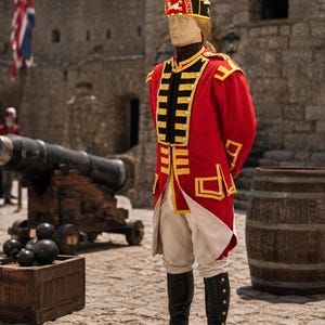 May include: A historical military uniform featuring a bright red coat with yellow trim, white breeches, and black leather boots. The ensemble includes a tall, pointed mitre cap with a yellow tassel, gold embroidery, and the text SPERA FERENT.