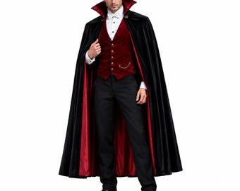 Zwarte en rode vampierencape voor heren, Victoriaans-gotisch kostuum, hoogwaardige Dracula-mantel, formele kleding uit de Renaissance, Halloween-outfit