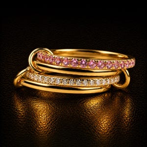 14K gouden draaibare ring, roze toermalijn moissanite schakelring, stapelbare fidget ring, verjaardagscadeau